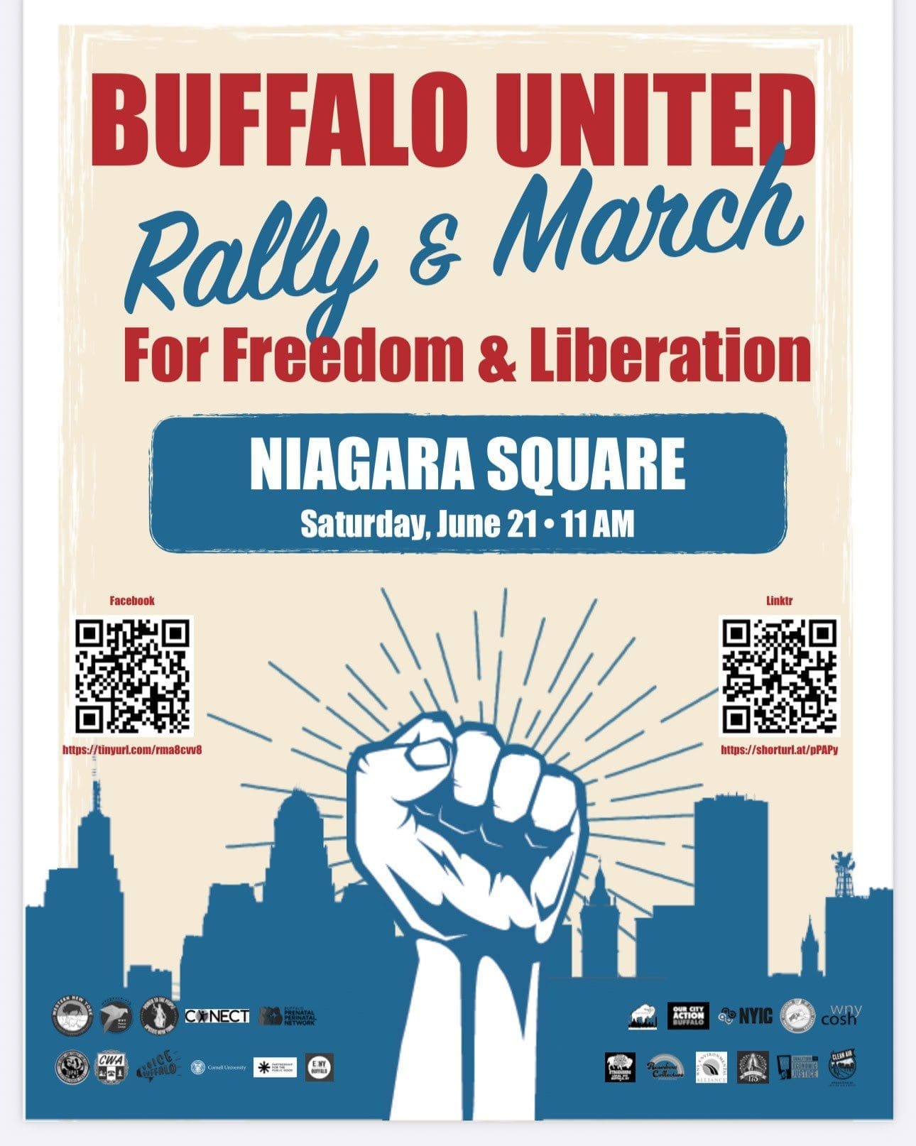Poster for "Buffalo United Rally & March for Freedom & Liberation" at Niagara Square, Saturday, June 21 at 11 AM, with a raised fist graphic and QR codes for more info.