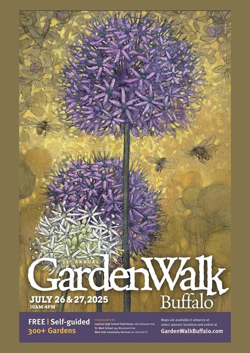 Poster for Garden Walk Buffalo featuring illustrated purple allium flowers with bees, event dates July 26 & 27, 2025, and details about free, self-guided tours of 300+ gardens.