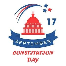 Graphic featuring a red Capitol dome, blue and red stars, and text reading "September 17 Constitution Day" on a white background.