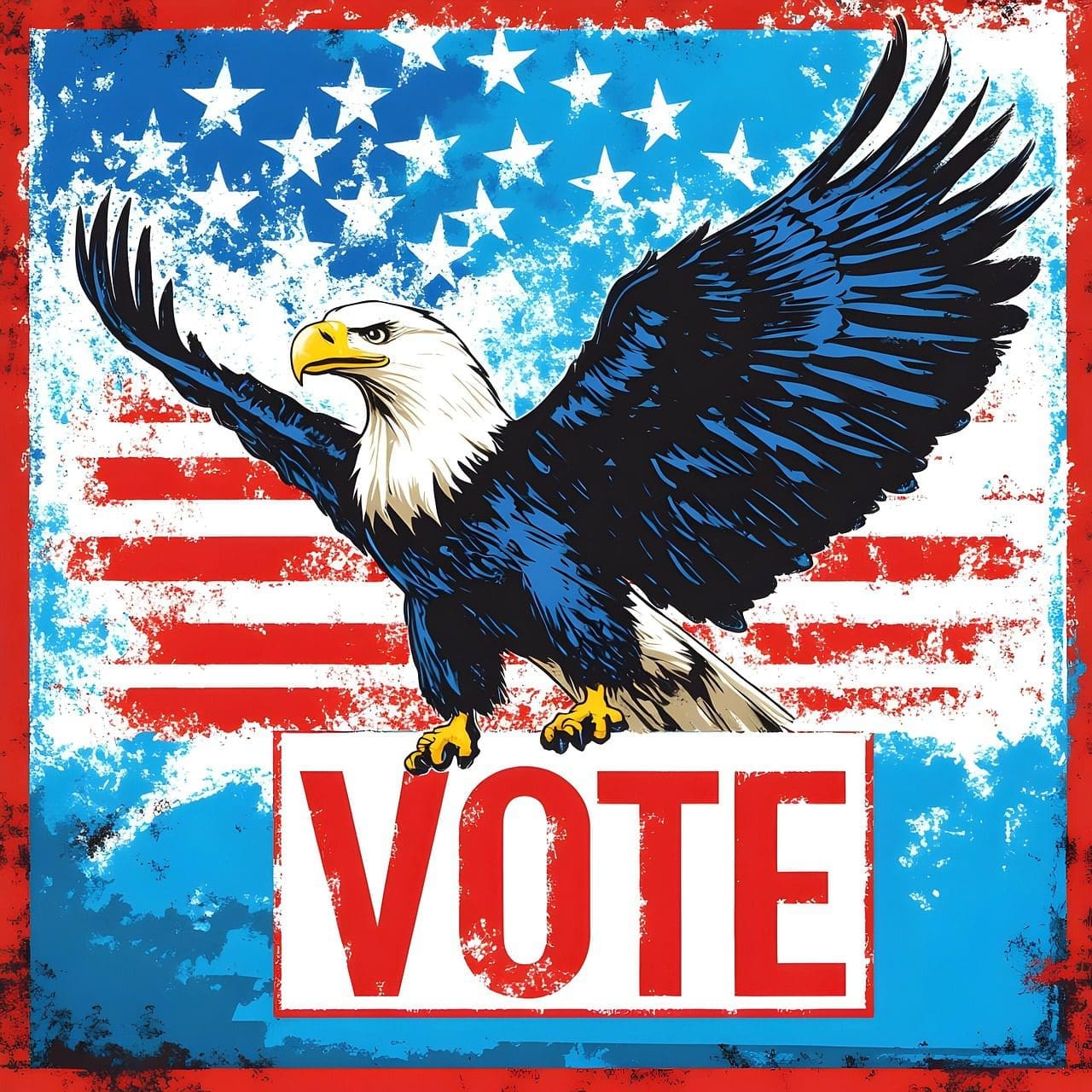 Illustration of a bald eagle with spread wings in front of the U.S. flag, perched on a large sign that says "VOTE" in bold red letters.