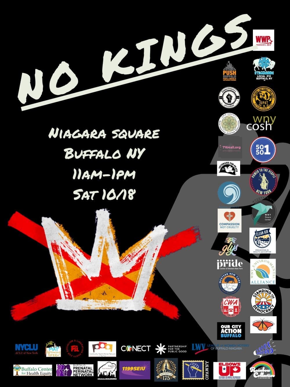 Event poster for "No Kings" at Niagara Square, Buffalo, NY, on Saturday 10/18 from 11am–1pm, featuring a red and yellow crown graphic and multiple sponsor logos.
