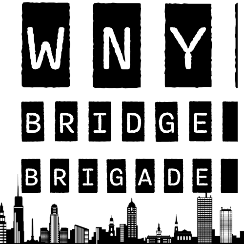 Black and white graphic with the text "WNY Bridge Brigade" above a city skyline silhouette.