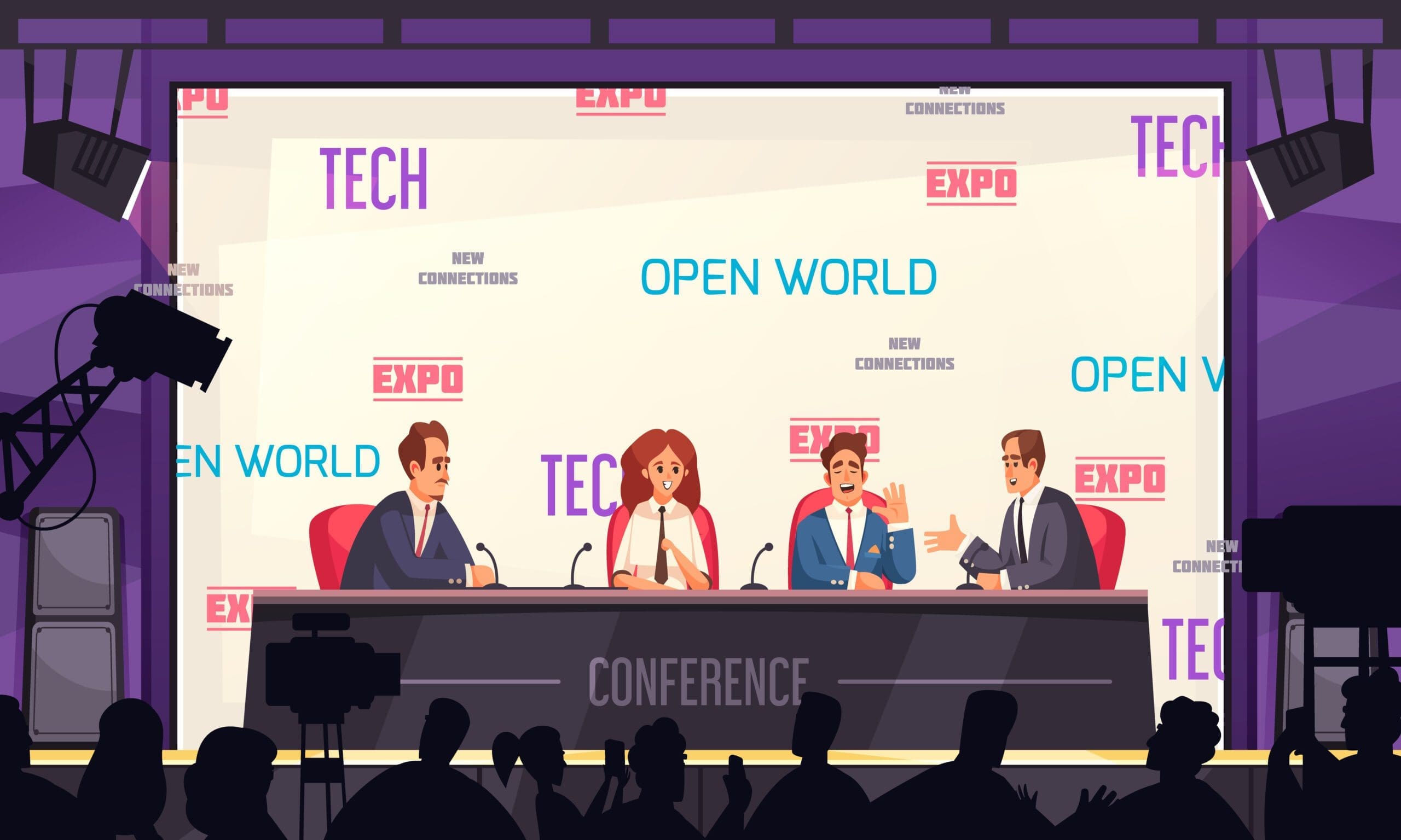 Four people sit at a conference panel table on stage, speaking to an audience. The background displays words like "TECH," "EXPO," and "OPEN WORLD.