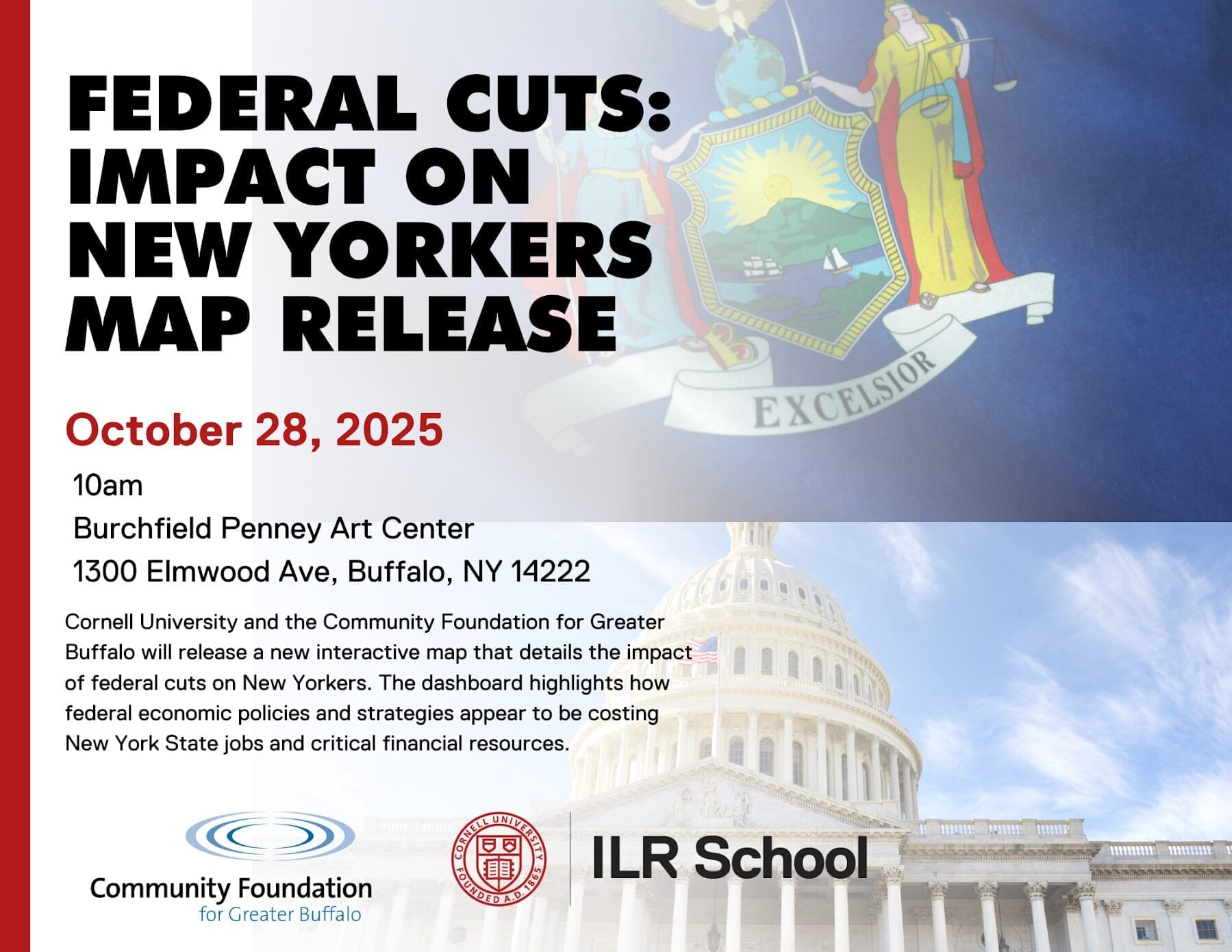 Event flyer for "Federal Cuts: Impact on New Yorkers Map Release" on October 28, 2025, at Burchfield Penney Art Center, Buffalo, NY; includes sponsors' logos and event details.