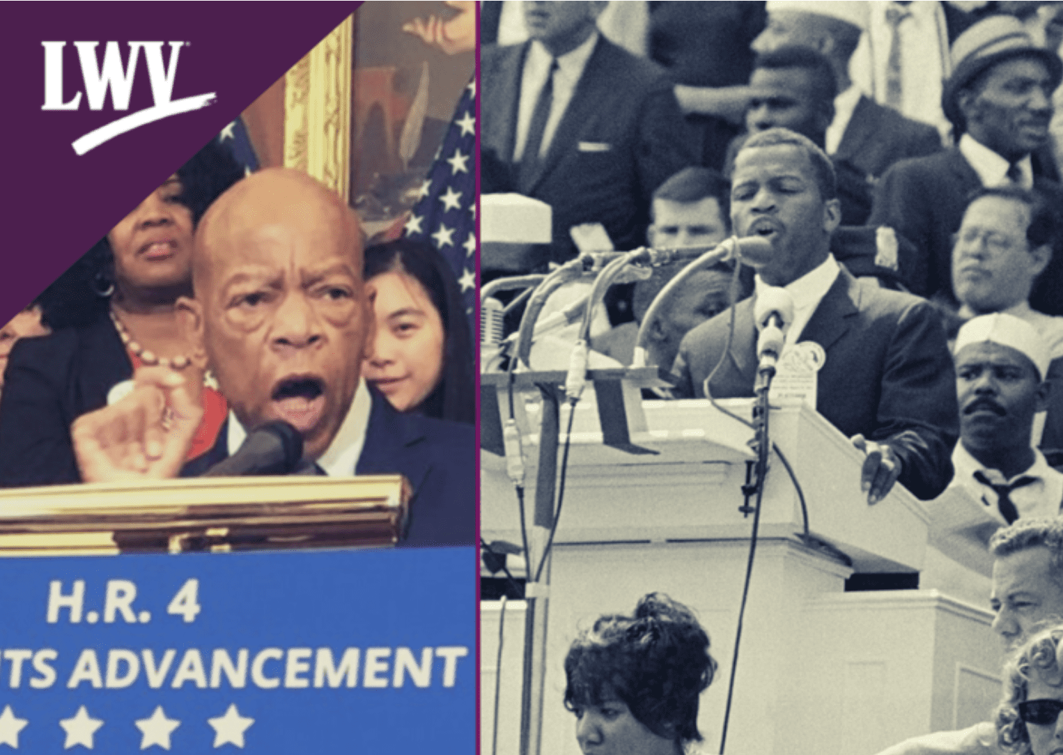 Split image: Left shows John Lewis speaking at an H.R. 4 Voting Rights Advancement Act podium; right shows him addressing a crowd at a historic civil rights event.