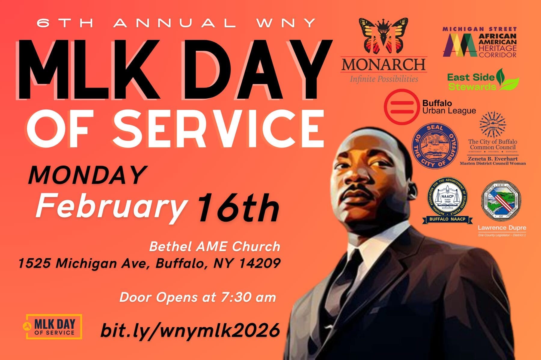 Flyer for the 6th Annual WNY MLK Day of Service on February 16th at Bethel AME Church, Buffalo, NY, with event details, sponsors' logos, and an image of Martin Luther King Jr.