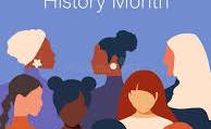 Illustration of diverse women standing together against a blue background with the words "History Month" at the top.