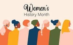 Illustration of diverse women in colorful clothing, viewed from the back, with the text "Women's History Month" above them on a light background.