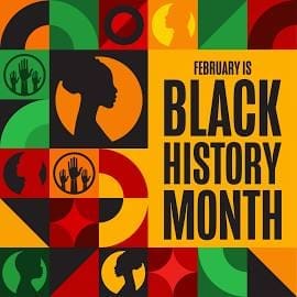 Colorful geometric design with silhouettes of a woman's profile and raised hands, alongside the text "February is Black History Month" in bold black letters.
