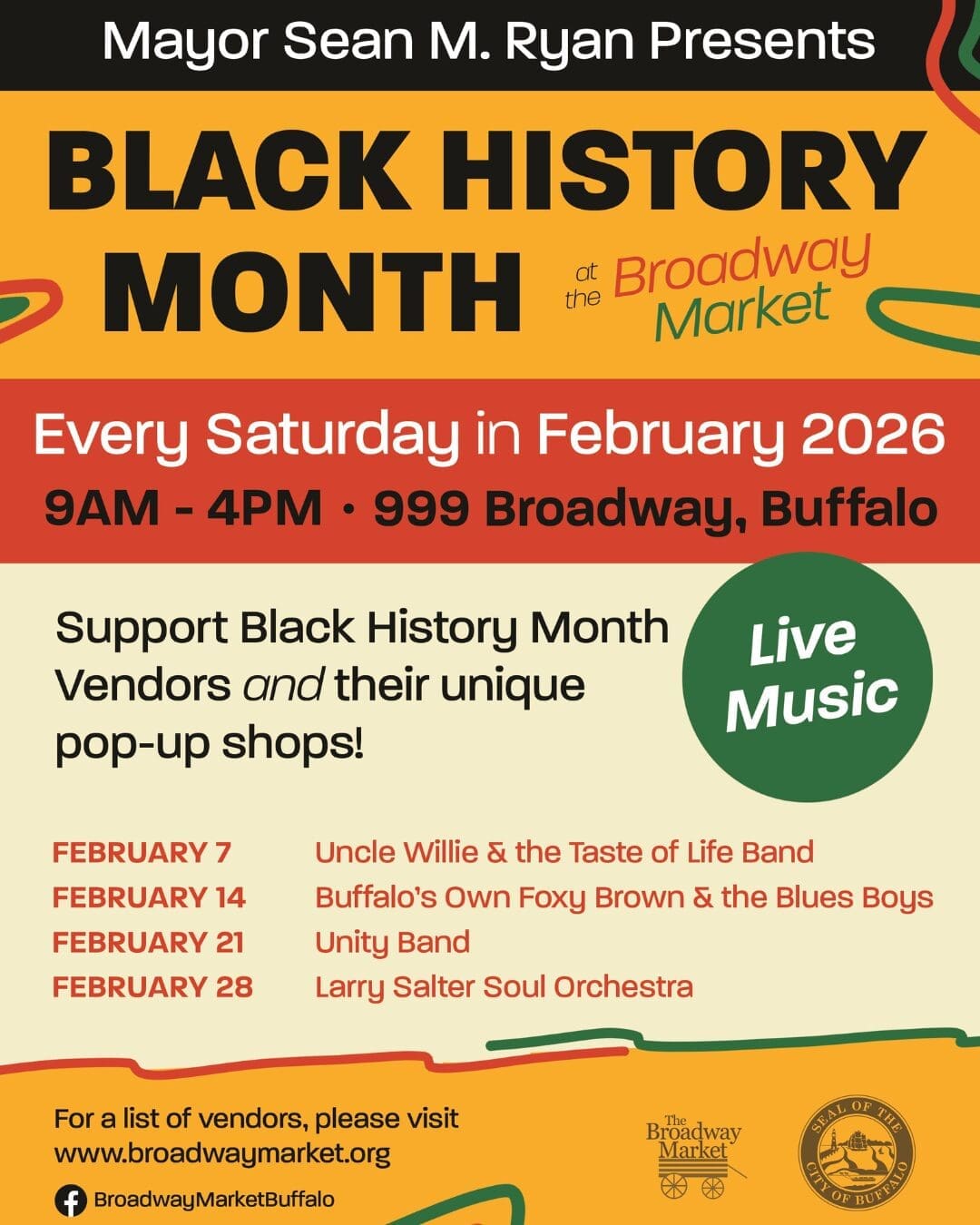 Poster for Black History Month at Broadway Market, Buffalo, with Saturday events in February 2026, including live music and pop-up shops; details and dates are listed.
