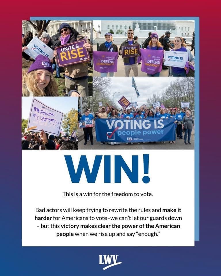 A collage of people at voting rights rallies holding signs such as "Unite & Rise," "Voting is People Power," and "My Vote!" with a message about protecting voting rights.