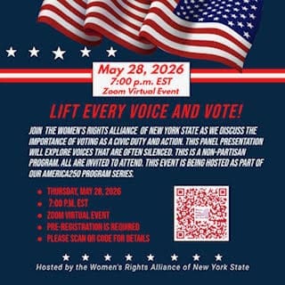 Digital flyer for a virtual event on May 28, 2026, at 7:00 p.m. EST about the importance of voting, hosted by the Women's Rights Alliance of New York State.