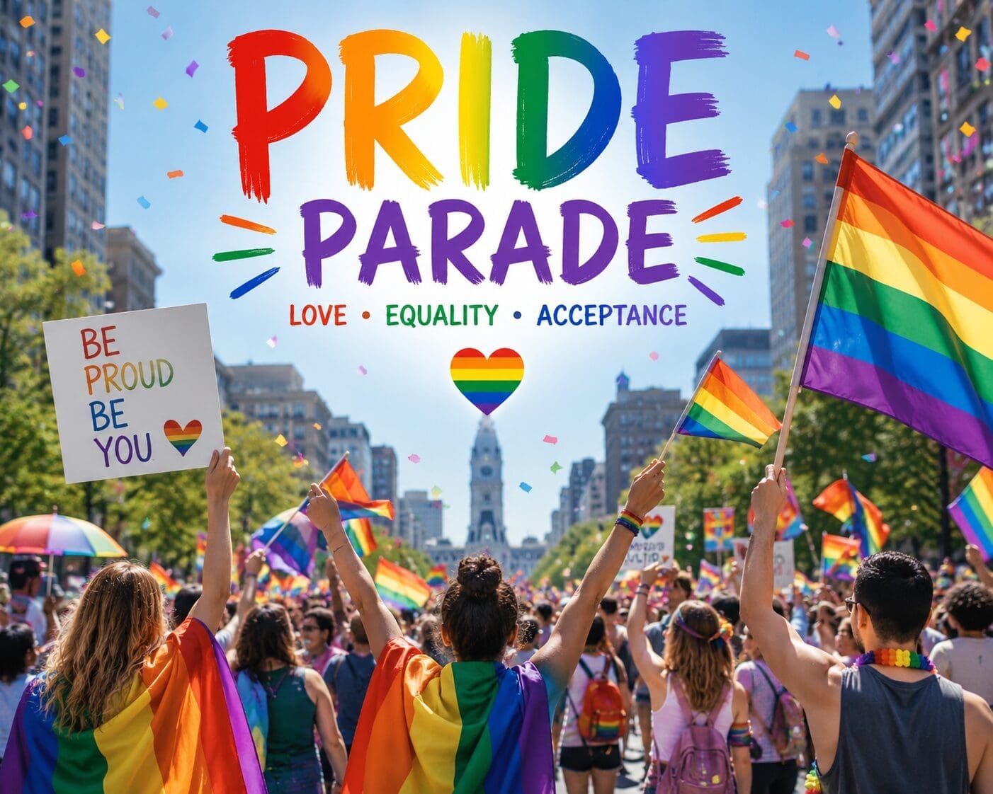 Crowd marches in a city street during a Pride Parade, holding rainbow flags and signs. Banner reads "Pride Parade: Love, Equality, Acceptance" with a rainbow heart and confetti overhead.