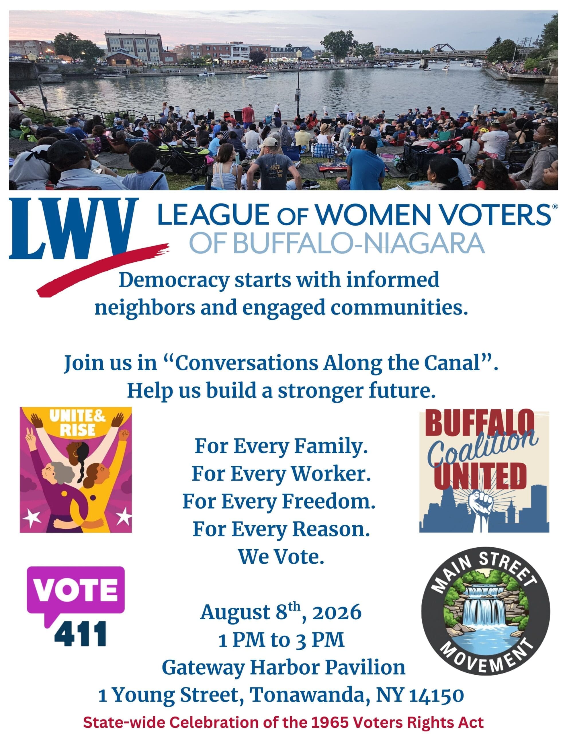 A community event flier for 'Conversations Along the Canal' by the League of Women Voters, with date, time, location, and voting information. Various logos and images included.