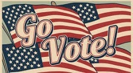 Illustration of three American flags as a background with large text in front reading “Go Vote!” in bold, vintage-style lettering.