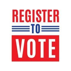 A bold sign reads "Register to Vote" with "REGISTER" and "VOTE" in red, "TO" in blue, and blue lines separating the words on a white background.