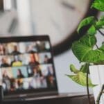 A green potted plant sits in the foreground, with a laptop showing a video conference call and a large wall clock blurred in the background.