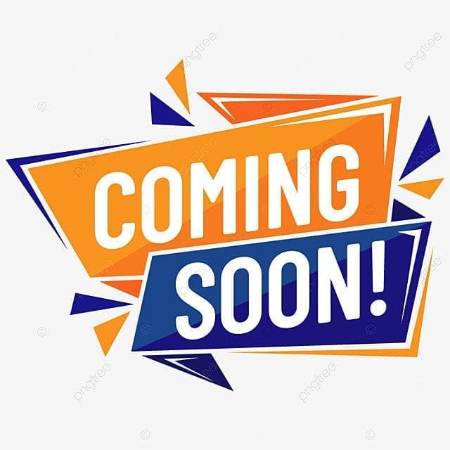 An orange and blue graphic with the words "COMING SOON!" in bold white letters on a white background with geometric shapes.